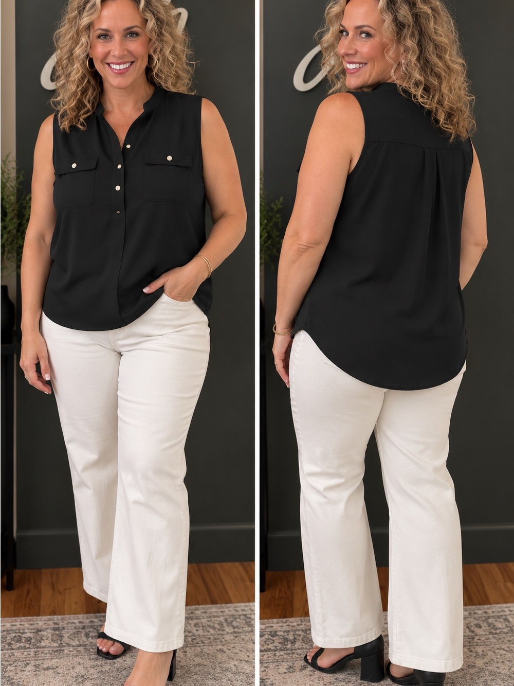 New York & Company Black Sleeveless Button-Front Blouse